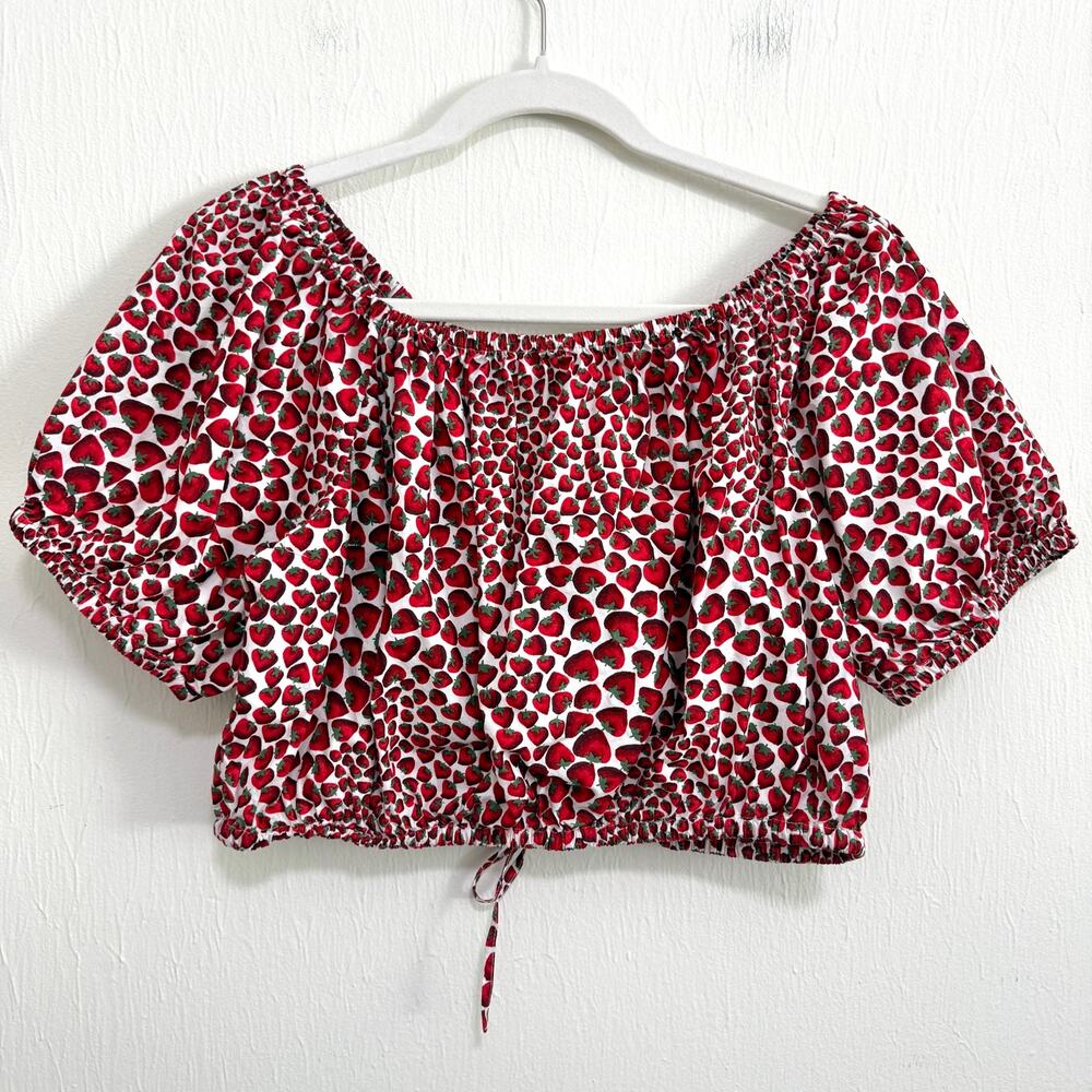 J Crew Strawberry Crop Top S Red White Puff Sleeve Drawstring Fruit Picnic Beach
